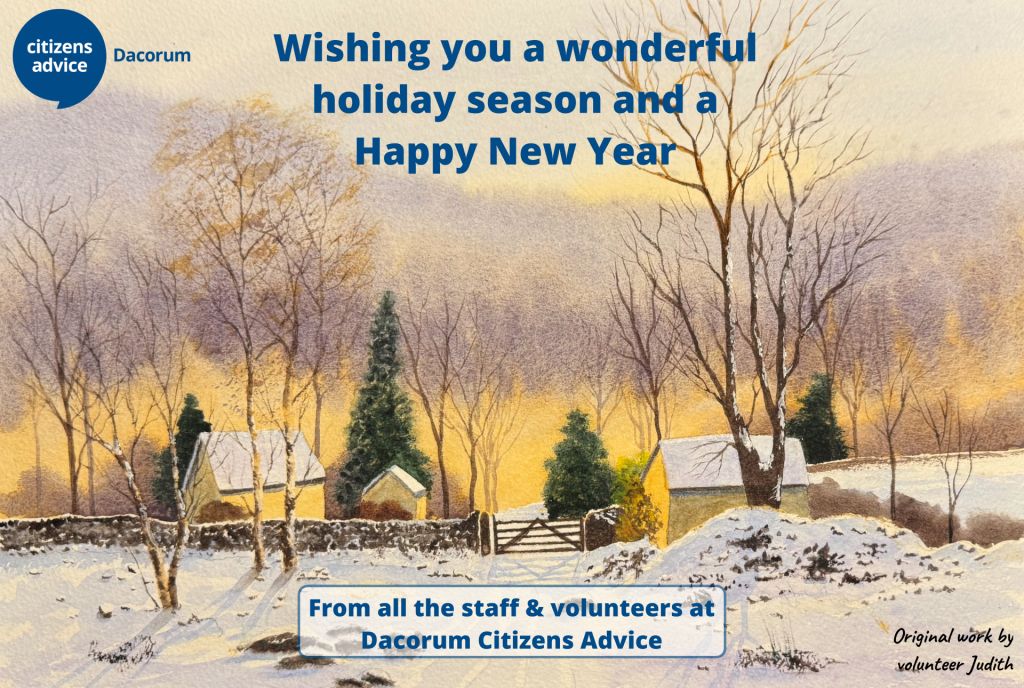 Winter scene depicting a snowy hamlet. This was painted by one of our talented volunteers - Judith